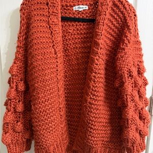 MACARON Chunky Knit Cardigan Small Burnt Orange Bubble Sleeve Cozy Fall Sweater